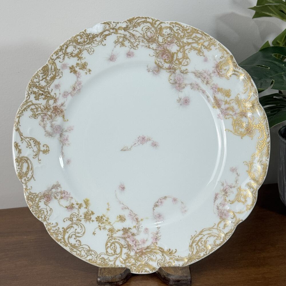 Haviland & Co. Limoges France Gold Scalloped Rim Pink Floral Collector Plate
